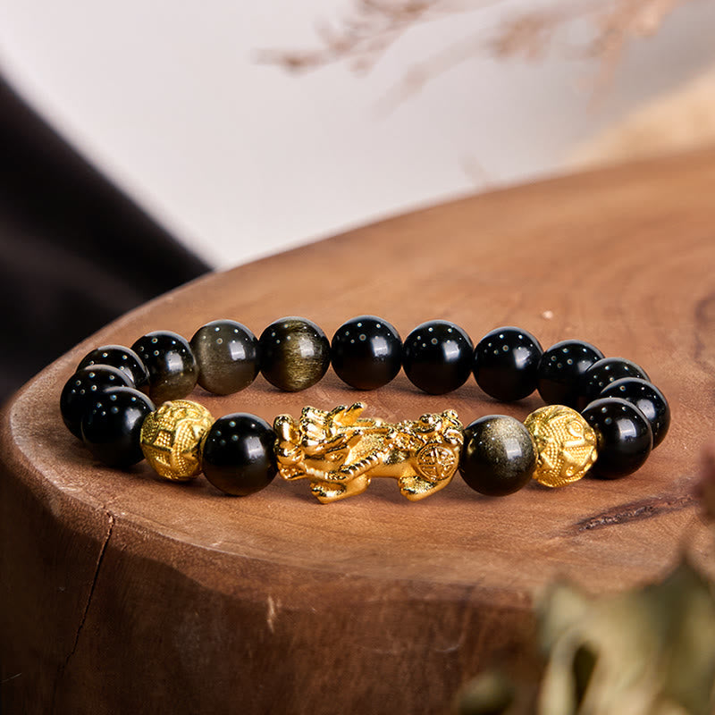 12mm Gold Sheen Obsidian Pixiu Om Mani Padme Hum Wealth Bracelet