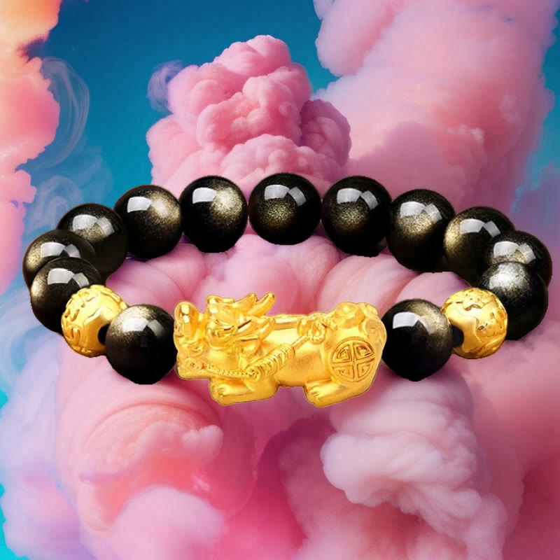 12mm Gold Sheen Obsidian Pixiu Om Mani Padme Hum Wealth Bracelet