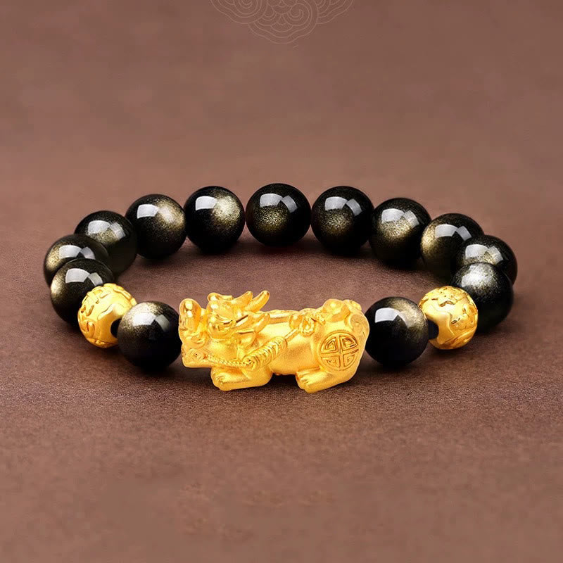 12mm Gold Sheen Obsidian Pixiu Om Mani Padme Hum Wealth Bracelet