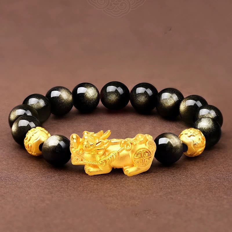 12mm Gold Sheen Obsidian Pixiu Om Mani Padme Hum Wealth Bracelet