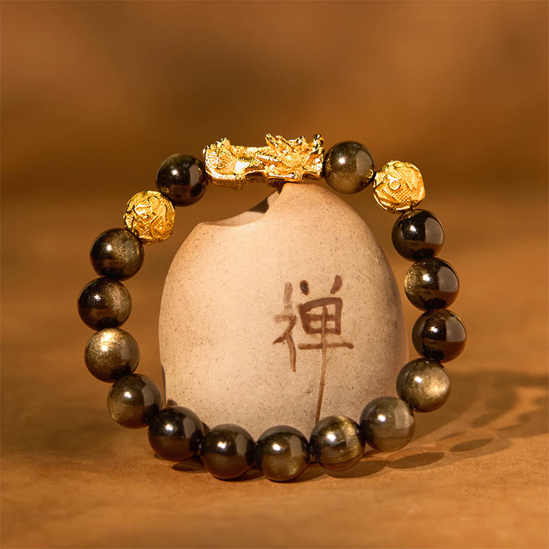 12mm Gold Sheen Obsidian Pixiu Om Mani Padme Hum Wealth Bracelet