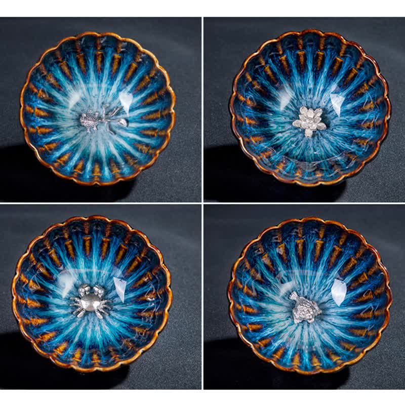 130ml Lotus Dragon Ceramic Tea Cup with Auspicious Inlaid Art