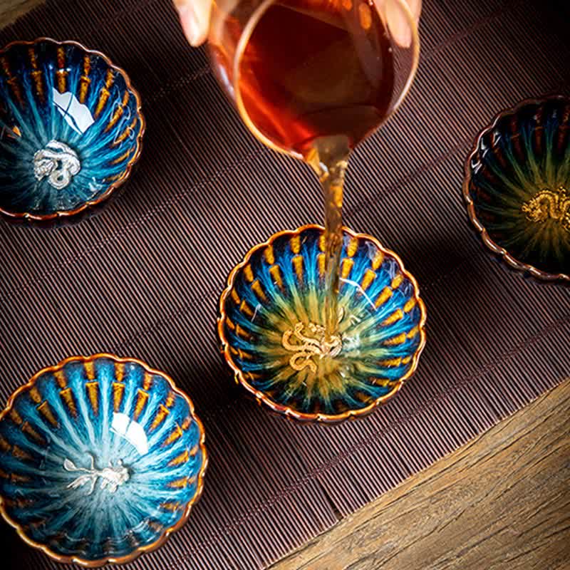 130ml Lotus Dragon Ceramic Tea Cup with Auspicious Inlaid Art