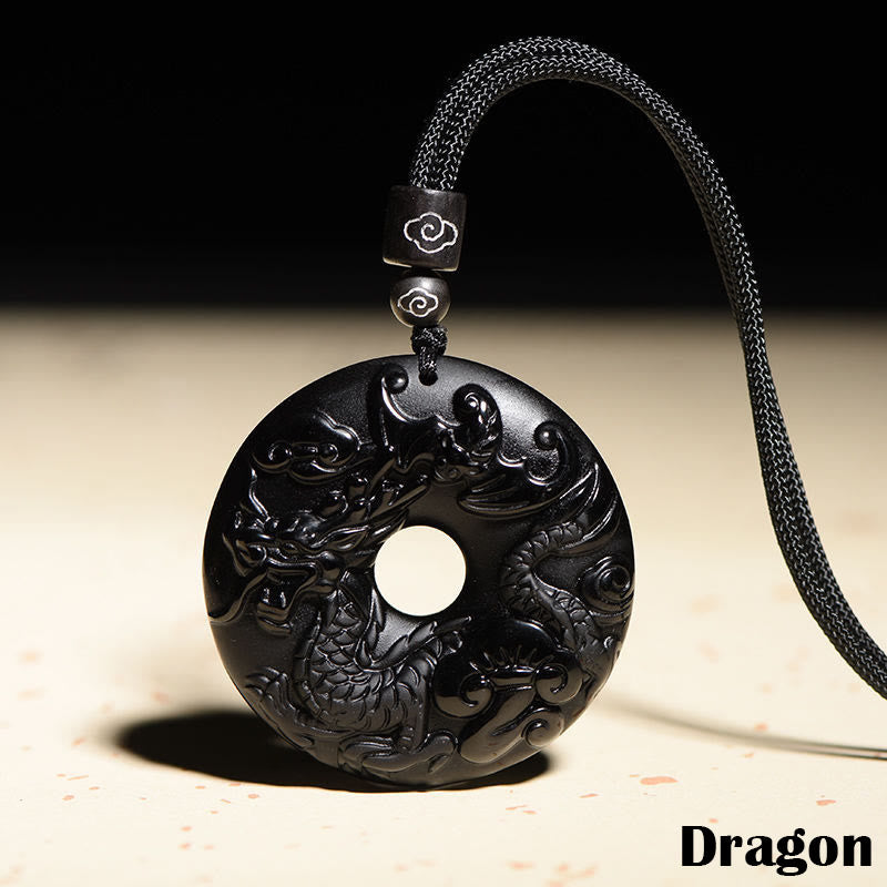 Chinese Zodiac Black Obsidian Strength Necklace Pendant