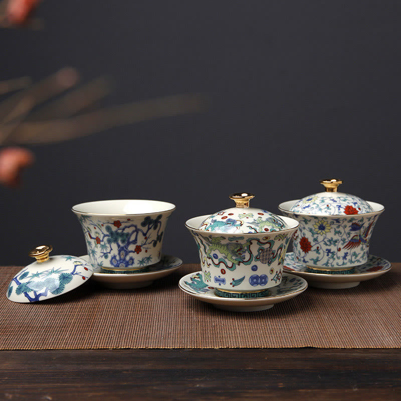 Ceramic Gaiwan Sancai Teacup 190ml with Zen Decor Art