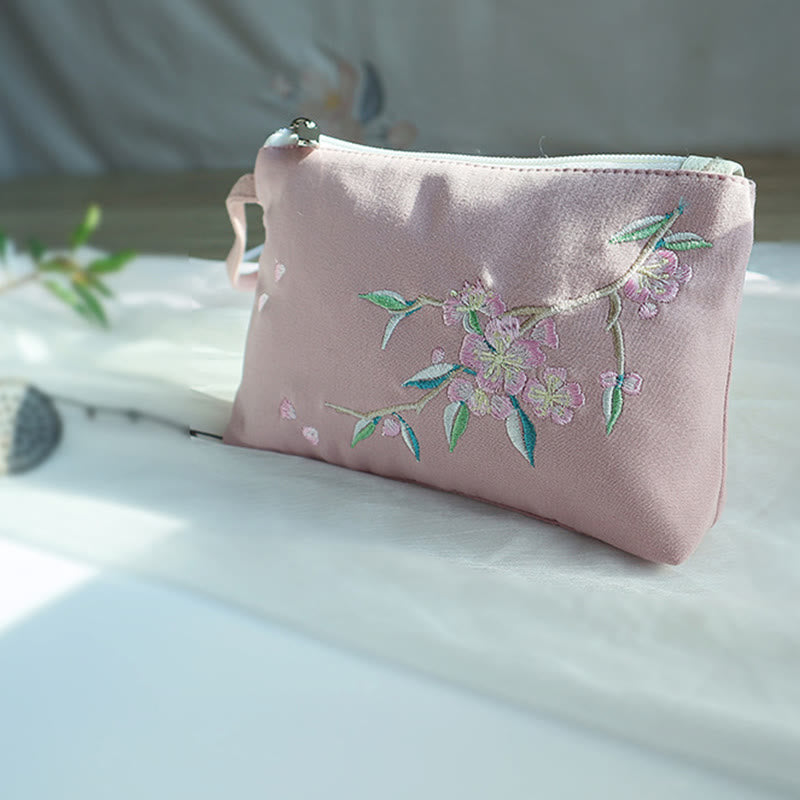 Canvas Wallet with Plum Cherry Crane Embroidery | Compact 21x13cm