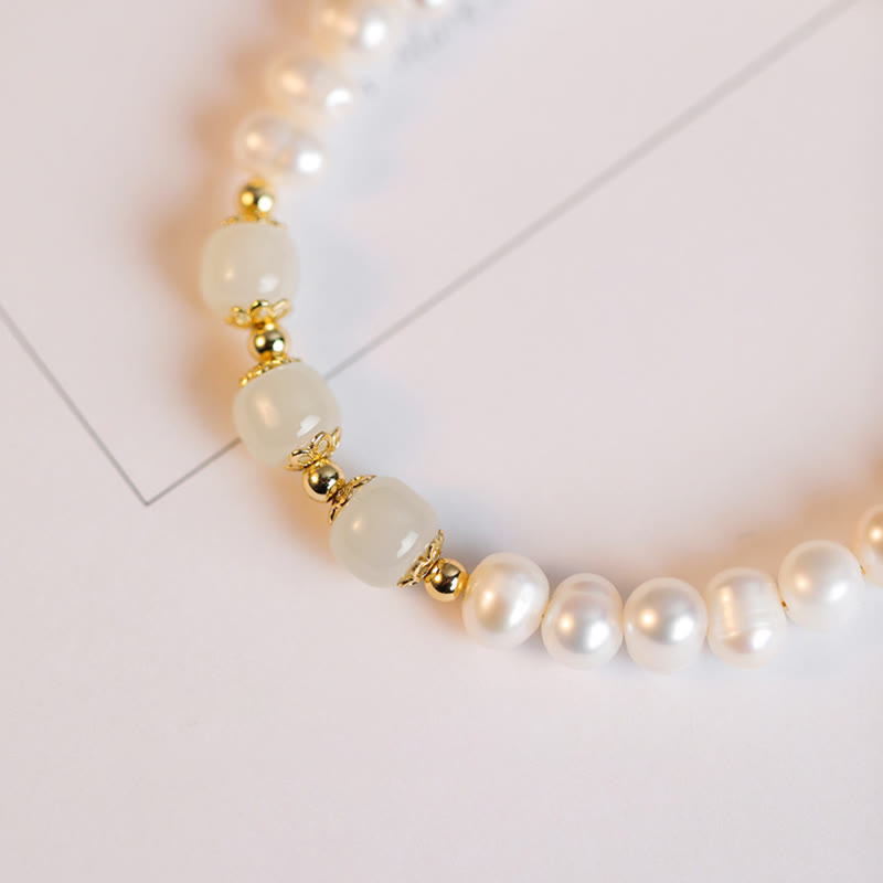 14K Gold Plated Pearl Hetian Jade Bead Bracelet for Harmony