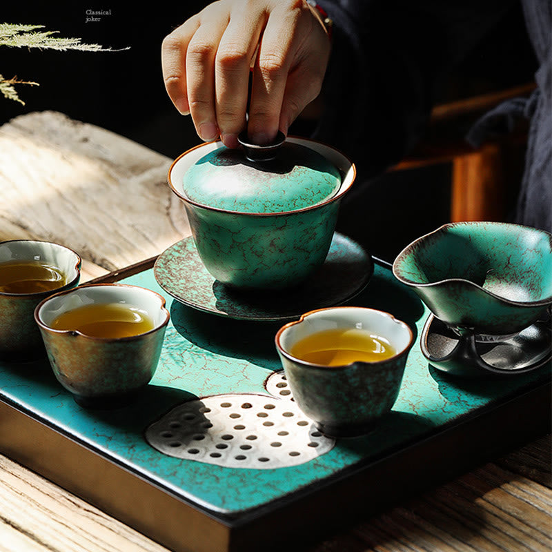 Retro Green Glaze Ceramic Gaiwan Tea Cup 180ml Set