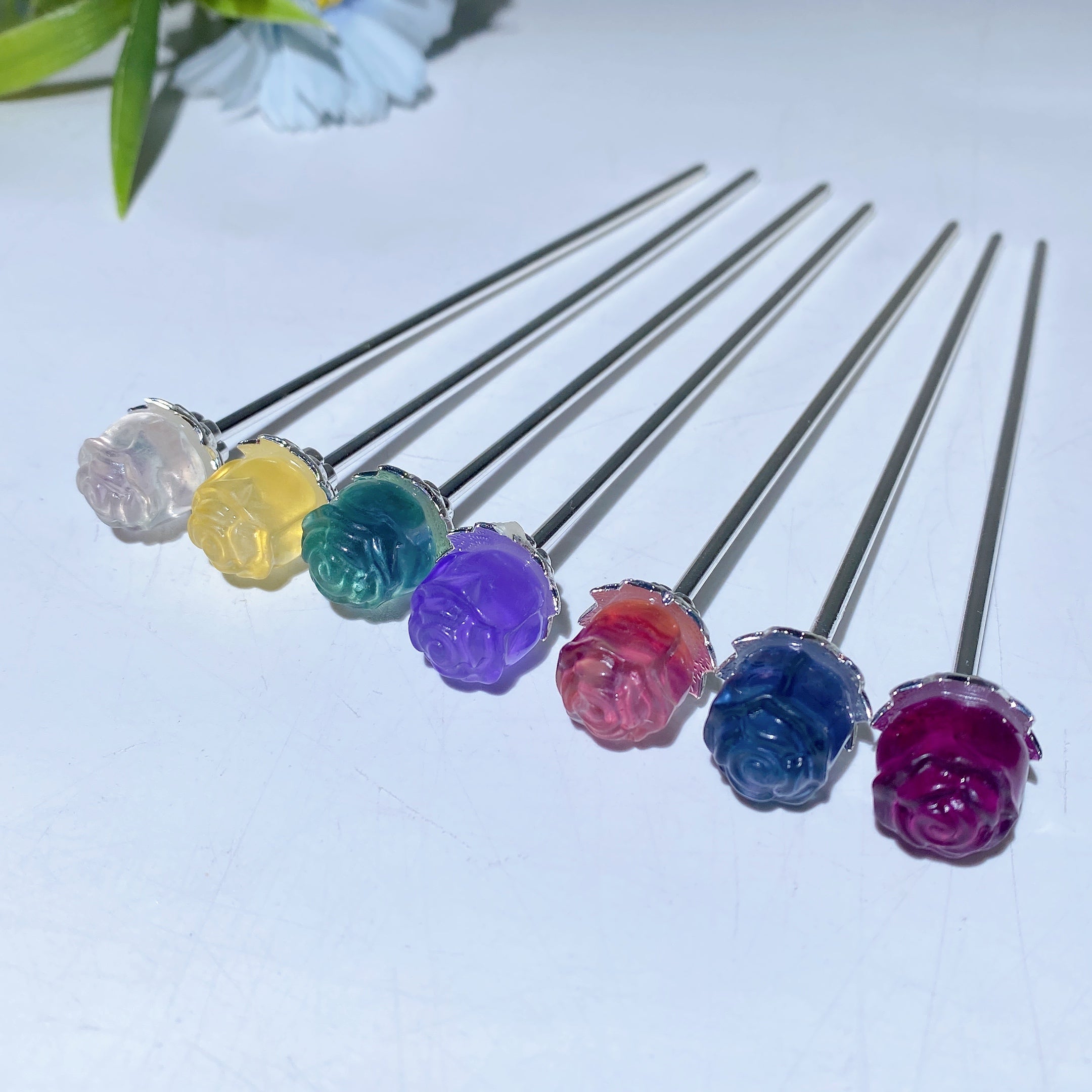 13cm Fluorite Rose Flower Hair Pin for Chakra Healing