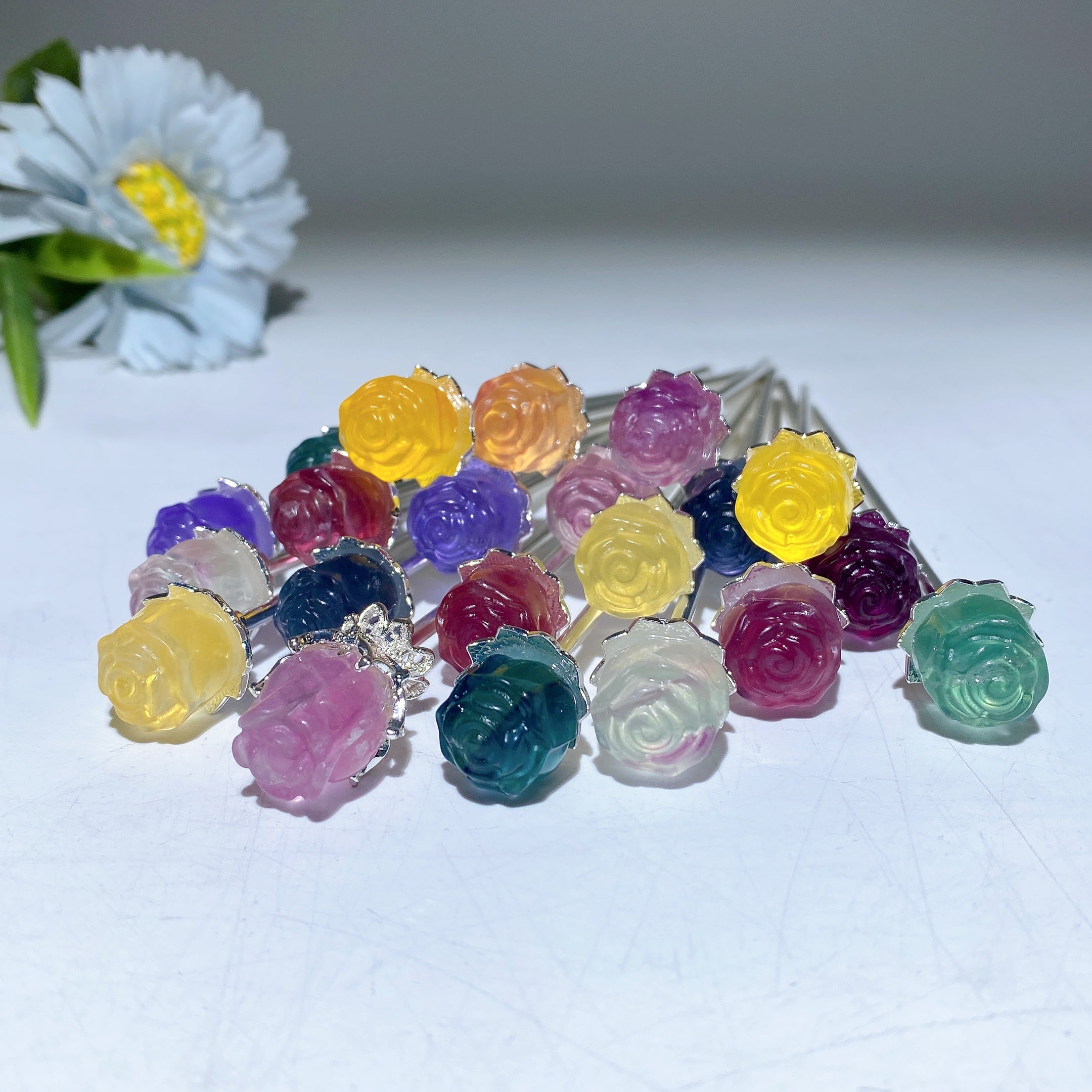 13cm Fluorite Rose Flower Hair Pin for Chakra Healing