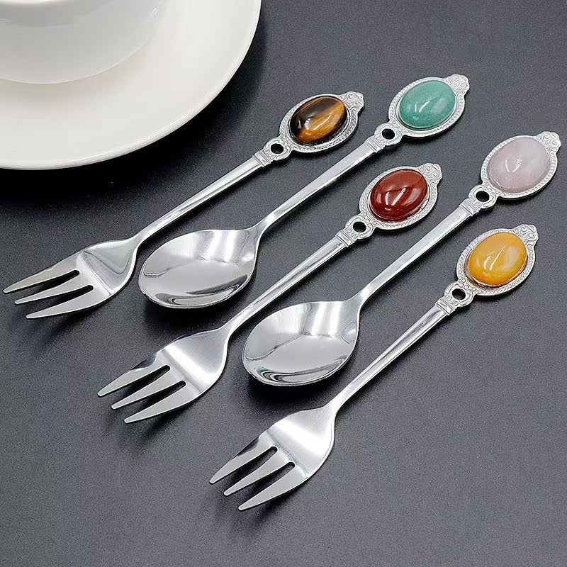 13cm Silver Crystal Fork & Spoon Set for Healing Decor