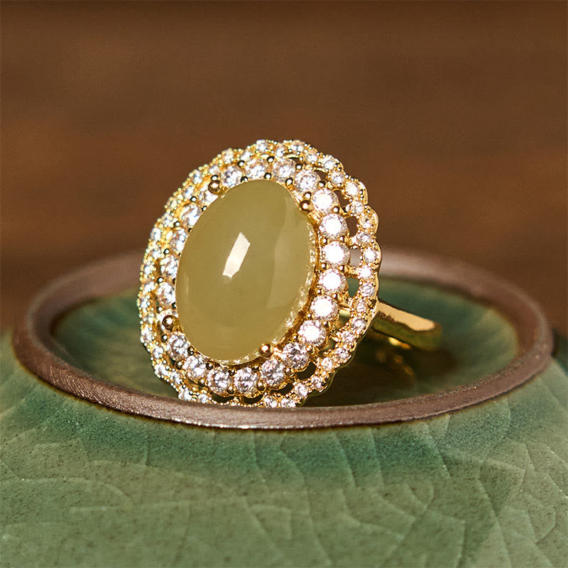 13x10mm Hetian Jade Abundance Ring in Gold Plated Copper