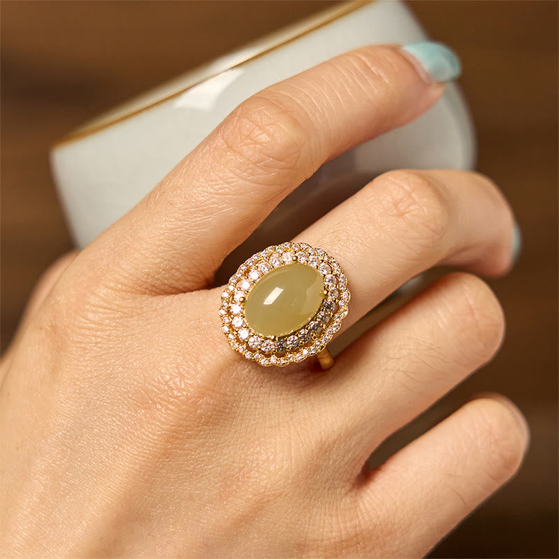 13x10mm Hetian Jade Abundance Ring in Gold Plated Copper