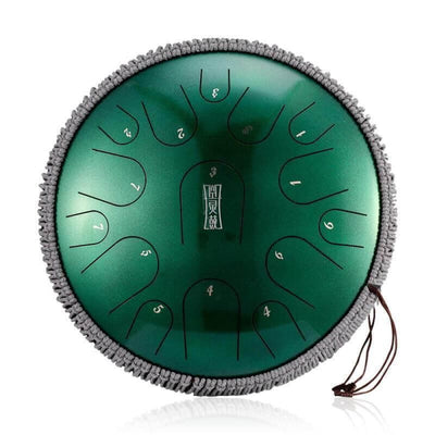 Green steel tongue drum with decorative grey fringe for 14 Inch Titanium Steel Tongue Drum