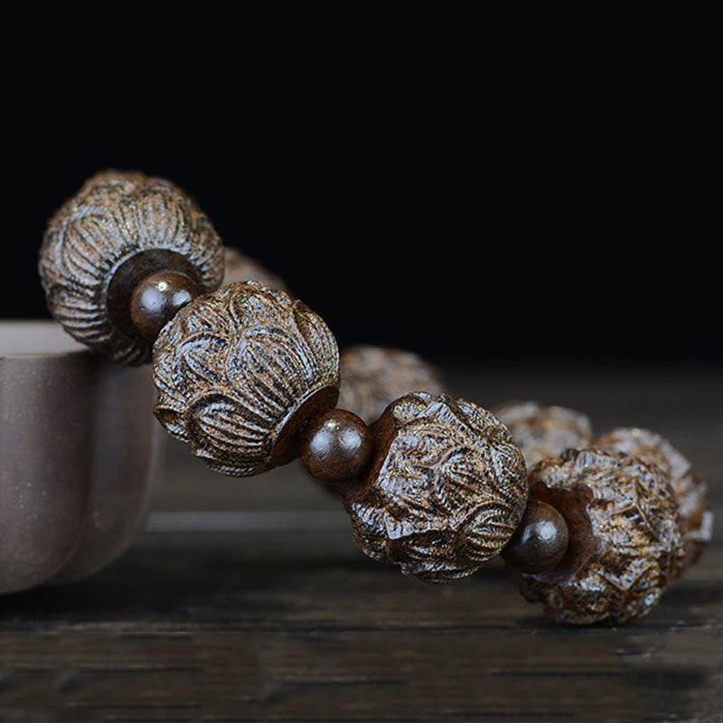 Ebony Wood Balance Bracelet with Lotus Dragon & Arhats