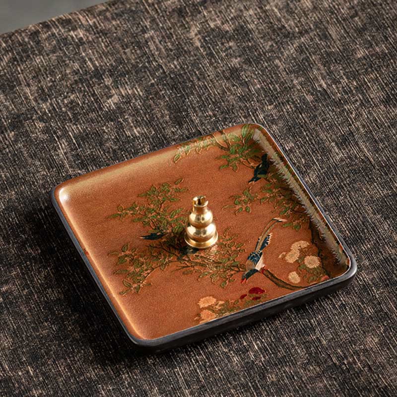Ceramic Incense Burner Tray with Mountain Lake Flower Leaf Design