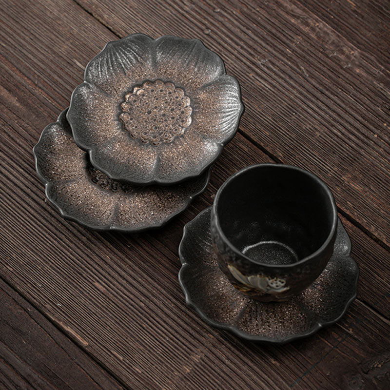 Vintage Lotus Flower Ceramic Tea Mat 9.8cm Brown | Zen Decor