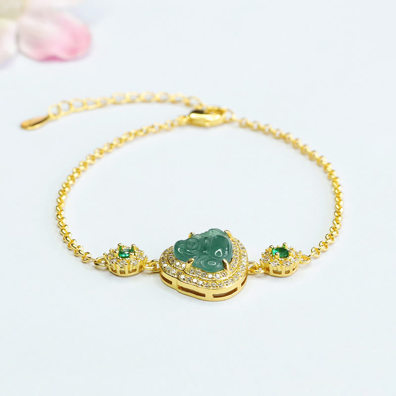 14cm Green Jade Laughing Buddha Zircon Luck Bracelet
