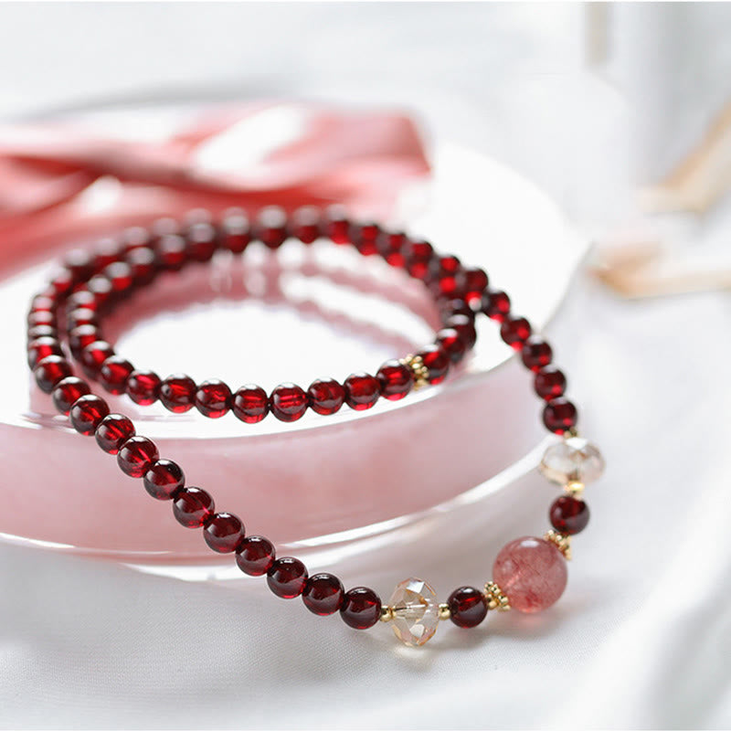 14K Gold Garnet Strawberry Quartz Stability Bracelet