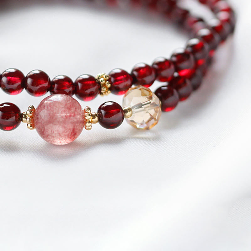 14K Gold Garnet Strawberry Quartz Stability Bracelet