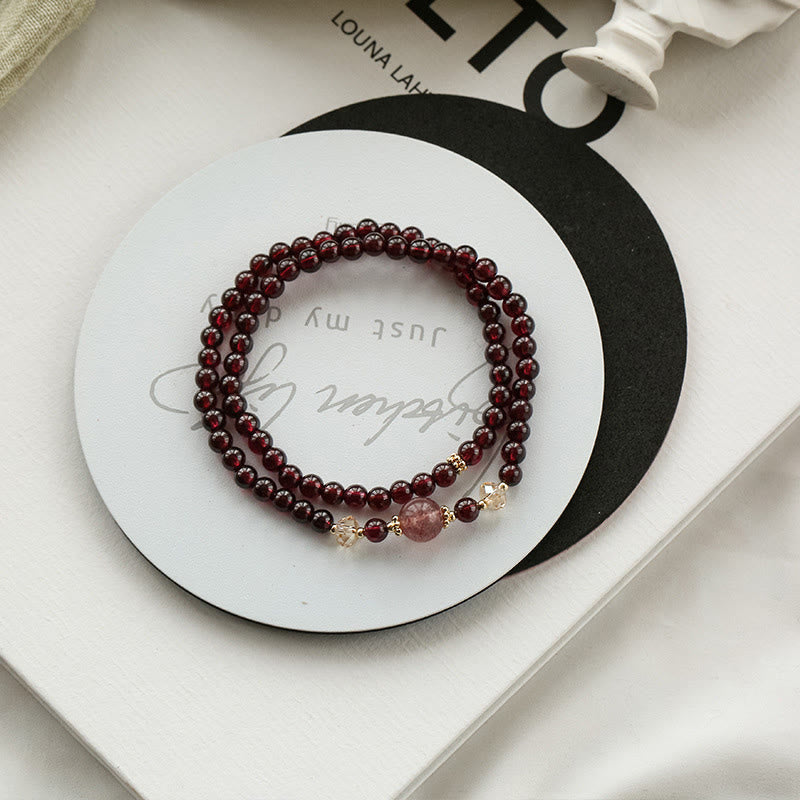 14K Gold Garnet Strawberry Quartz Stability Bracelet