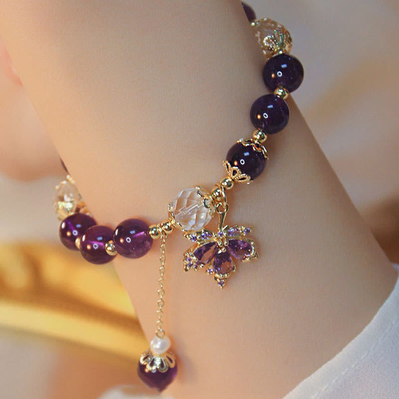 14k Gold Plated Amethyst Healing Bracelet with Maple Leaf Charm