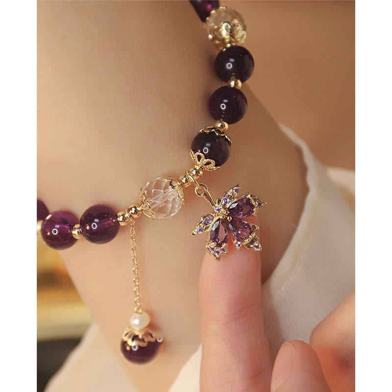14k Gold Plated Amethyst Healing Bracelet with Maple Leaf Charm