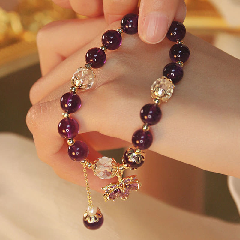 14k Gold Plated Amethyst Healing Bracelet with Maple Leaf Charm