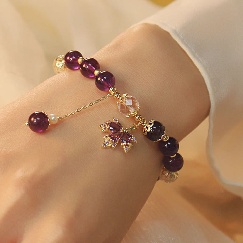 14k Gold Plated Amethyst Healing Bracelet with Maple Leaf Charm