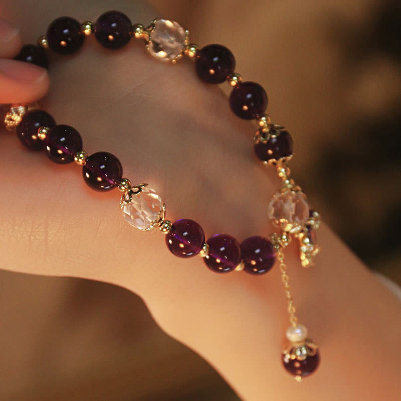 14k Gold Plated Amethyst Healing Bracelet with Maple Leaf Charm