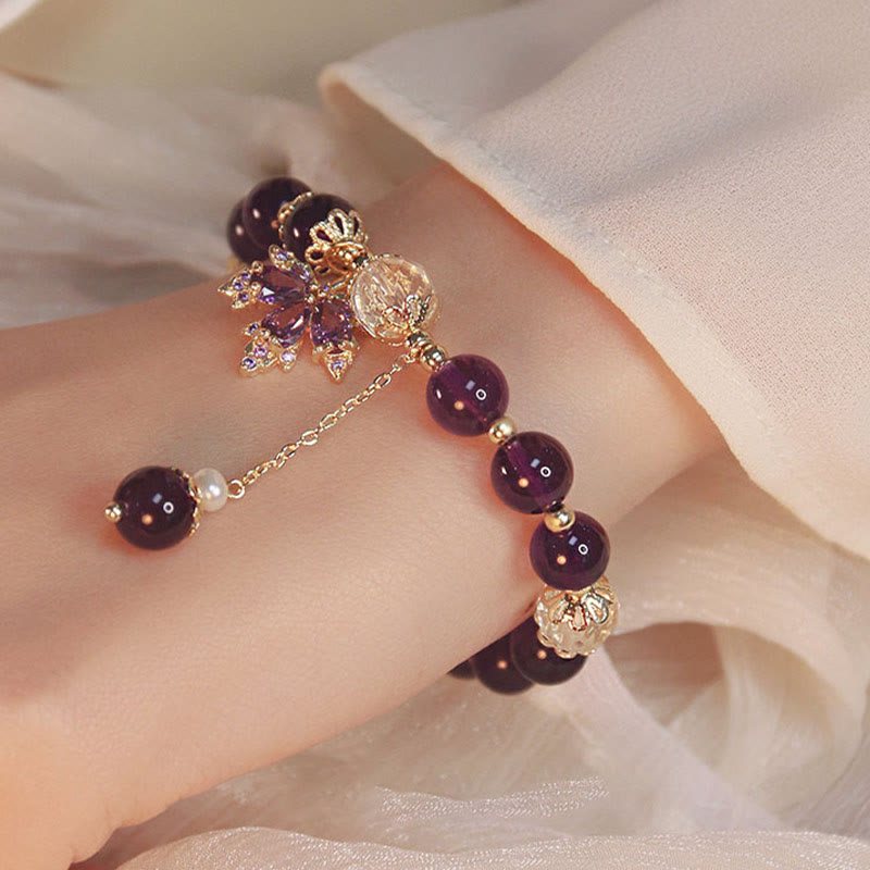 14k Gold Plated Amethyst Healing Bracelet with Maple Leaf Charm