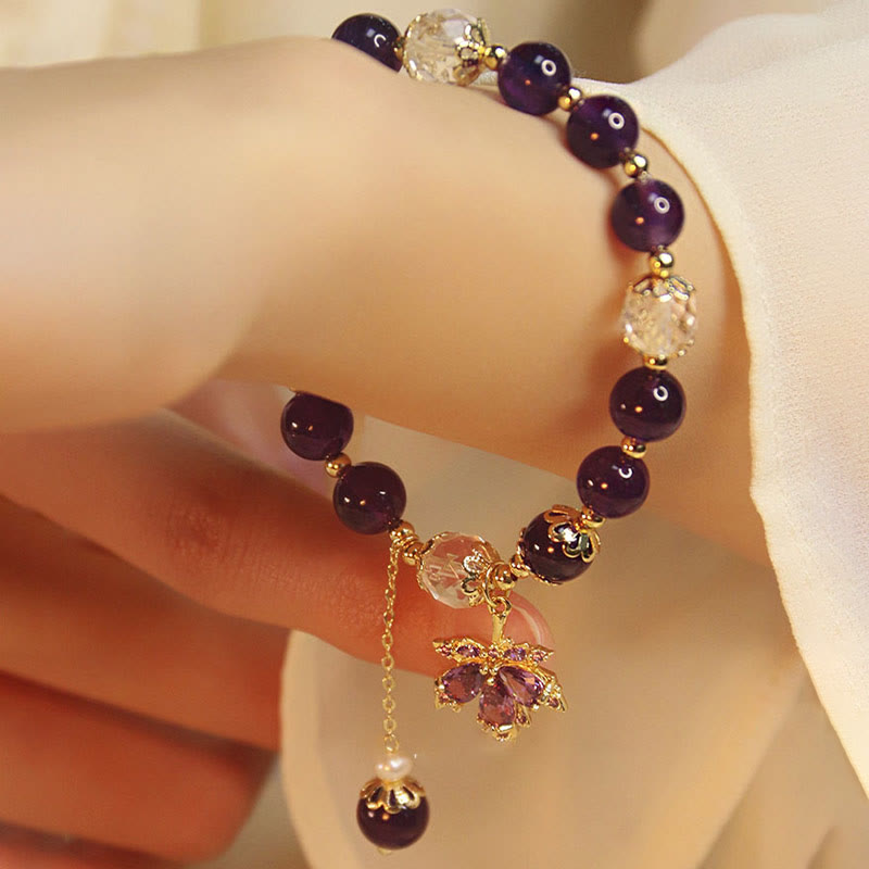 14k Gold Plated Amethyst Healing Bracelet with Maple Leaf Charm