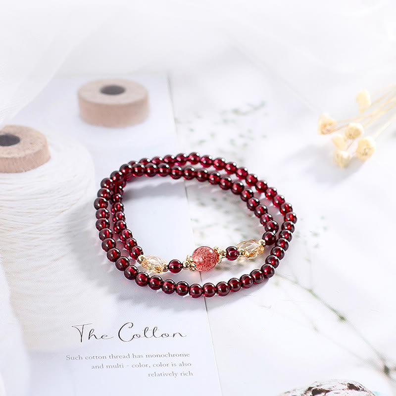 14K Gold Plated Garnet Strawberry Quartz Double Wrap Bracelet