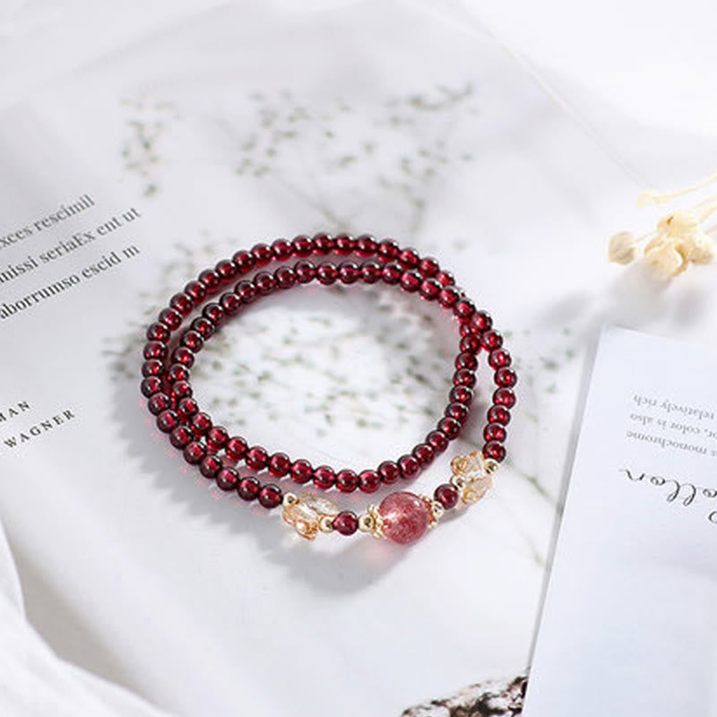14K Gold Plated Garnet Strawberry Quartz Double Wrap Bracelet