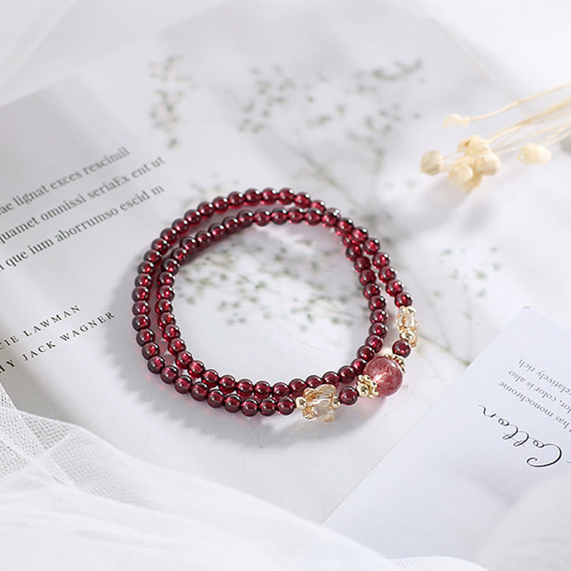 14K Gold Plated Garnet Strawberry Quartz Double Wrap Bracelet
