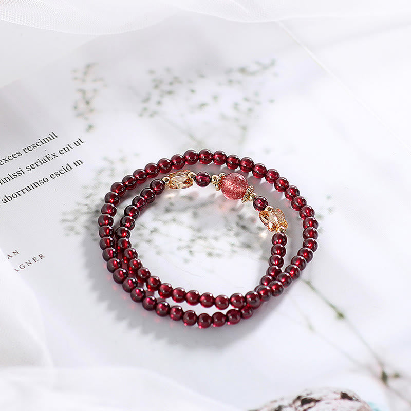 14K Gold Plated Garnet Strawberry Quartz Double Wrap Bracelet