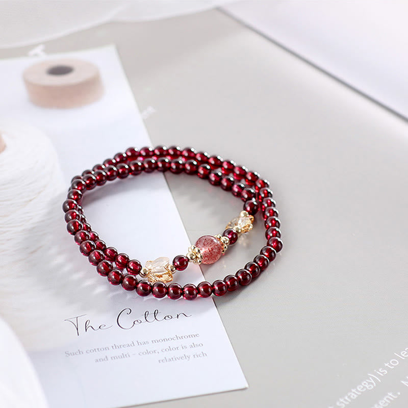 14K Gold Plated Garnet Strawberry Quartz Double Wrap Bracelet