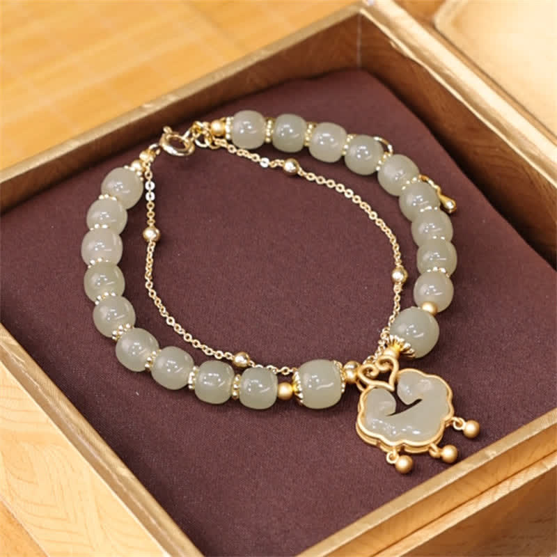 14K Gold Plated Hetian Jade Wish Lock Bell Chain Bracelet