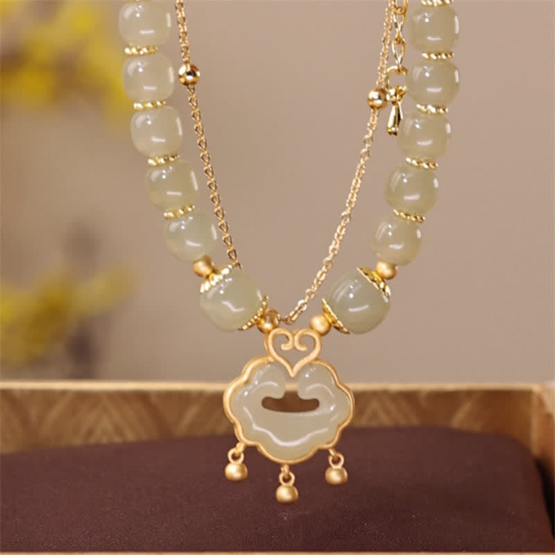 14K Gold Plated Hetian Jade Wish Lock Bell Chain Bracelet