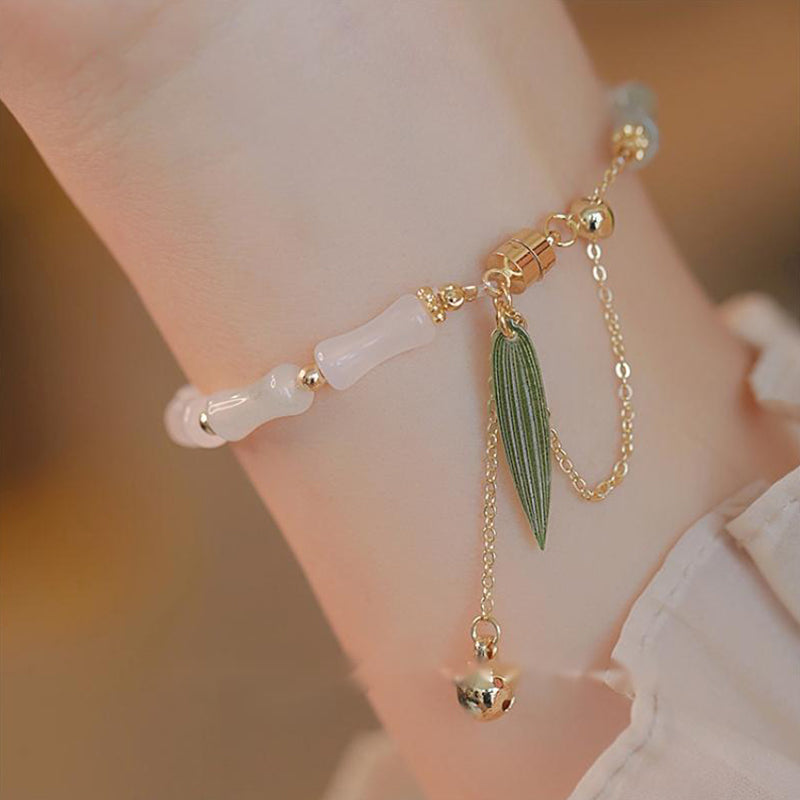 14K Gold Plated Hetian White Jade Bamboo Leaf Protection Bracelet