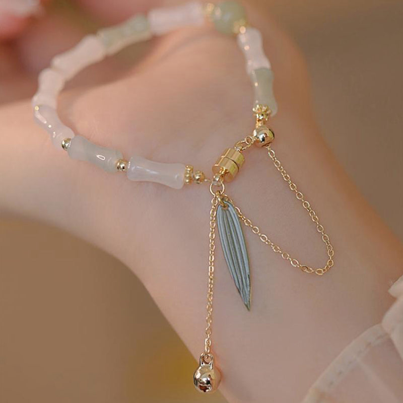 14K Gold Plated Hetian White Jade Bamboo Leaf Protection Bracelet