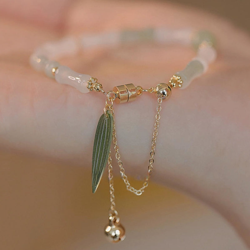 14K Gold Plated Hetian White Jade Bamboo Leaf Protection Bracelet