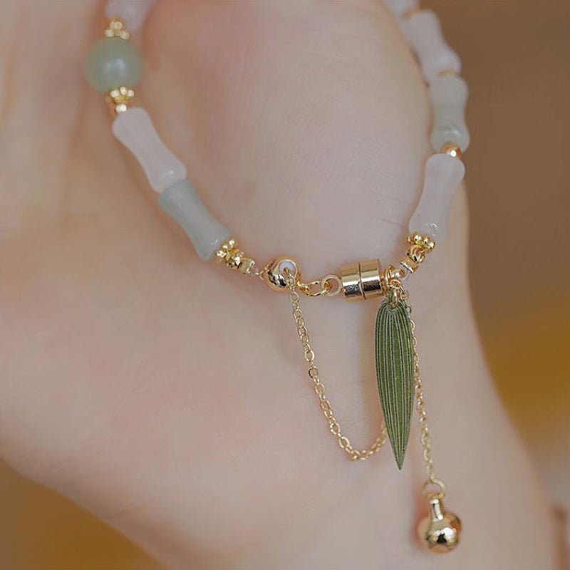 14K Gold Plated Hetian White Jade Bamboo Leaf Protection Bracelet