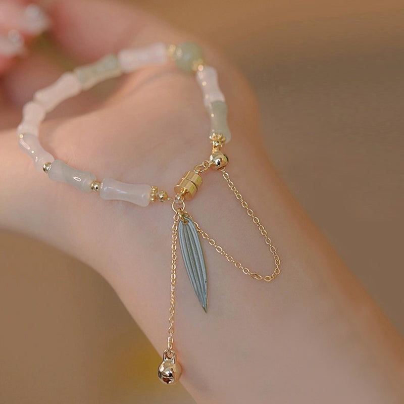 14K Gold Plated Hetian White Jade Bamboo Leaf Protection Bracelet