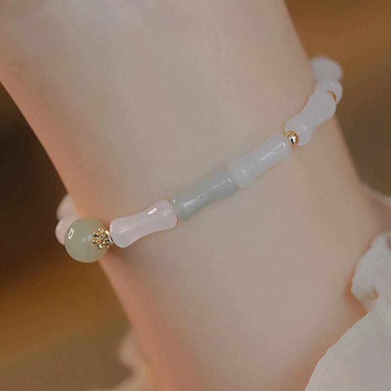 14K Gold Plated Hetian White Jade Bamboo Leaf Protection Bracelet