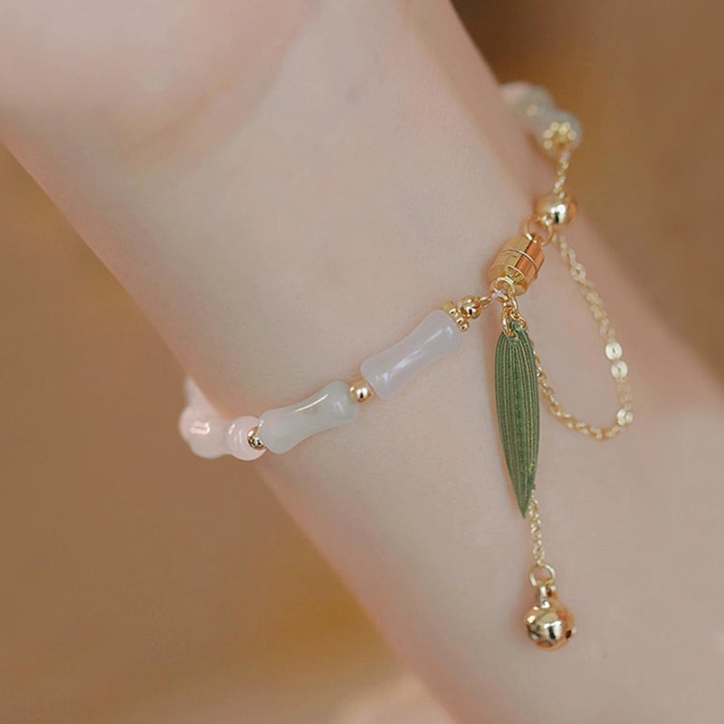 14K Gold Plated Hetian White Jade Bamboo Leaf Protection Bracelet