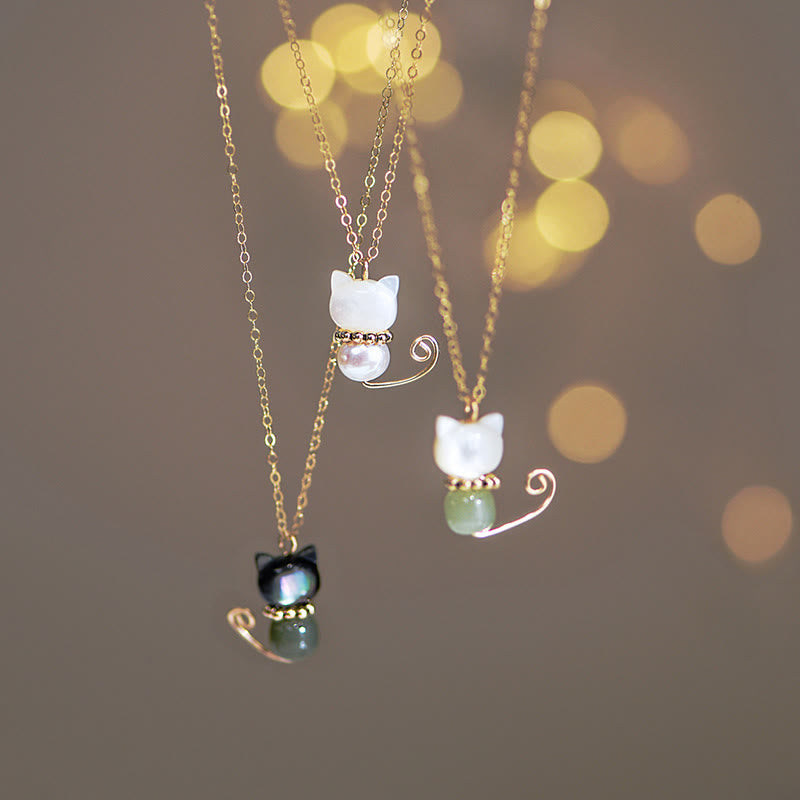 14K Gold Plated Jade Luck Cat Pendant Necklace