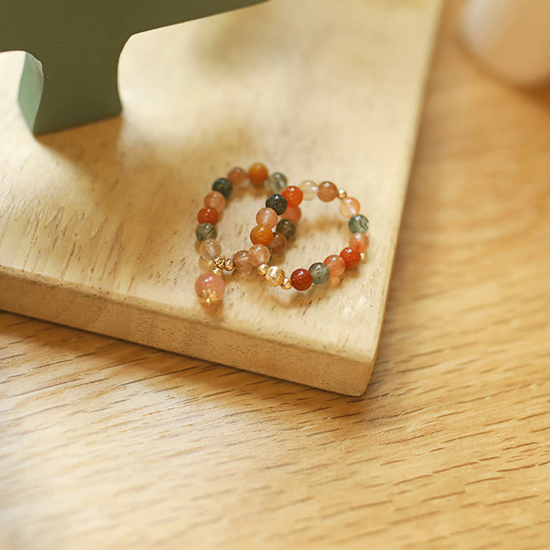 14k Gold Plated Peach Moonstone Fu Lu Shou Ring for Happiness