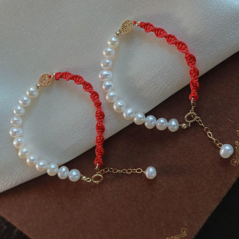 14K Gold Plated Pearl Luck Protection Red String Bracelet
