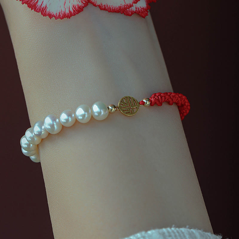 14K Gold Plated Pearl Luck Protection Red String Bracelet